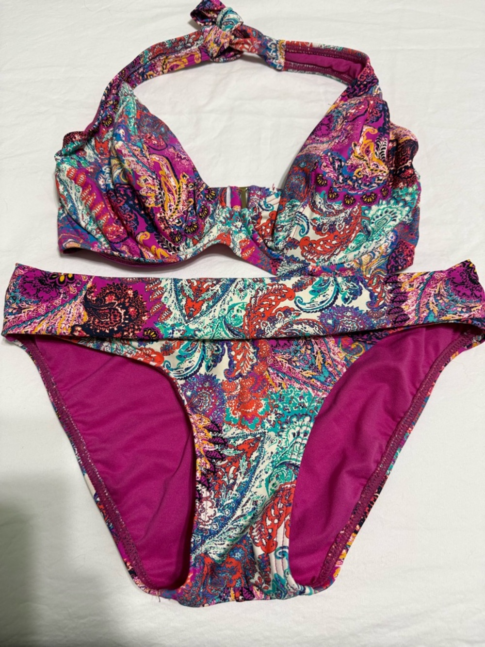 Vibrant Paisley Halter Bikini Set in Magenta & Teal